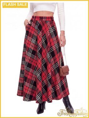 Plaid Maxi Skirt High Waist A-Line Long Skirt with Pockets Fall Winter